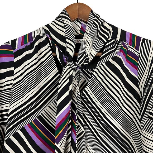 Trina Turk Blouse Kitty Bow Mod Stripe Print Keyhole Neckline - M - Picture 2 of 6